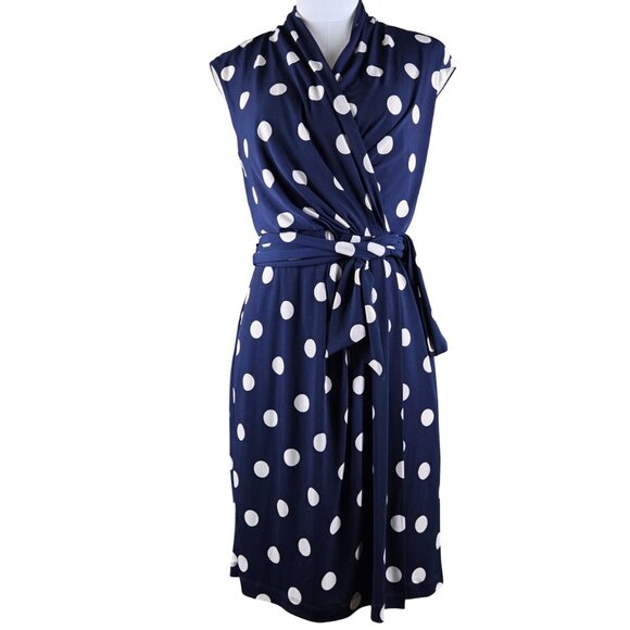 Eliza J Polka Dot Jersey Faux Wrap Dress Size 8 Fully Lined Belt Navy Blue Cream - Picture 1 of 11